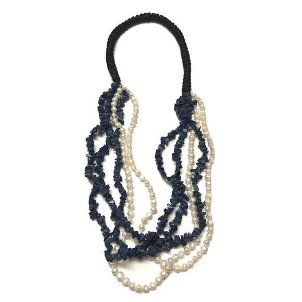 Lapis Lazuli Freshwater Pearls Multi Strand Beaded Necklace 26” Vintage